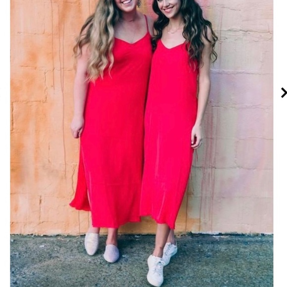 NWT Aerie neon coral midi length sleeveless slip dress with side slits size S - Picture 6 of 14